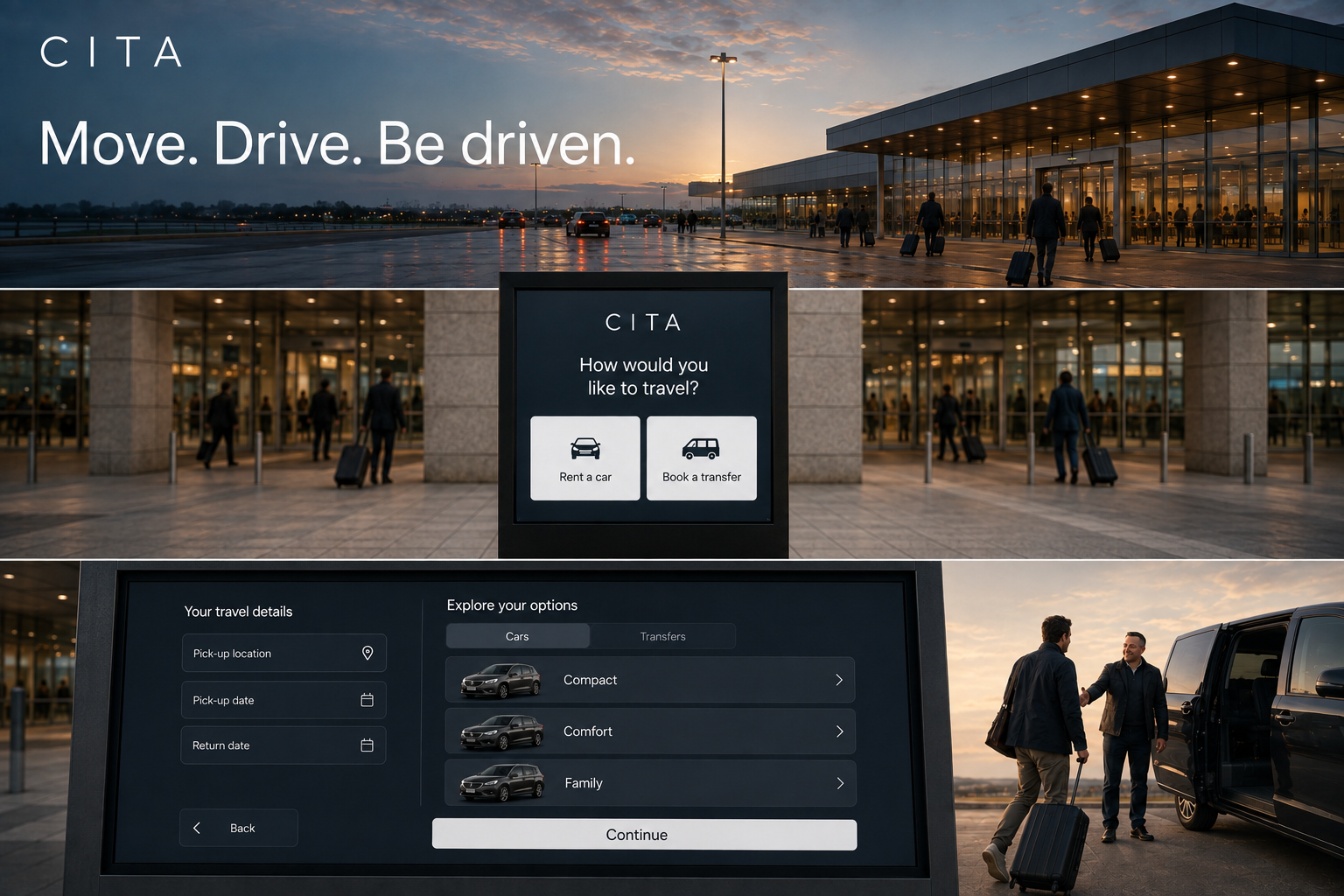 Airport hero with CITA and Move Drive Be driven, followed by kiosk choice and close-up workspace