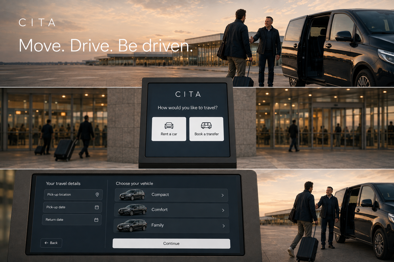 Warm driver and traveller hero followed by kiosk choice and close-up workspace